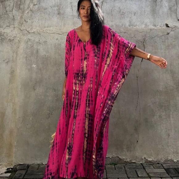 Dianthus Kimono Kaftan Dress Maxi, 5⭐️ Rated Soft Flowing Pink Boho Airy Kaftan - Picture 2 of 11